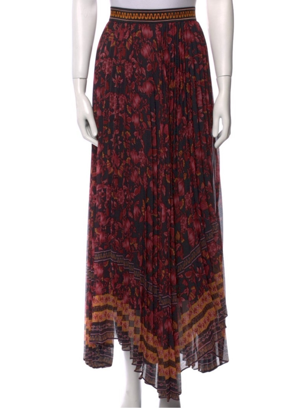 Alice + Olivia Burgundy Floral Pleated Maxi Skirt with Patterned Hem Size 10